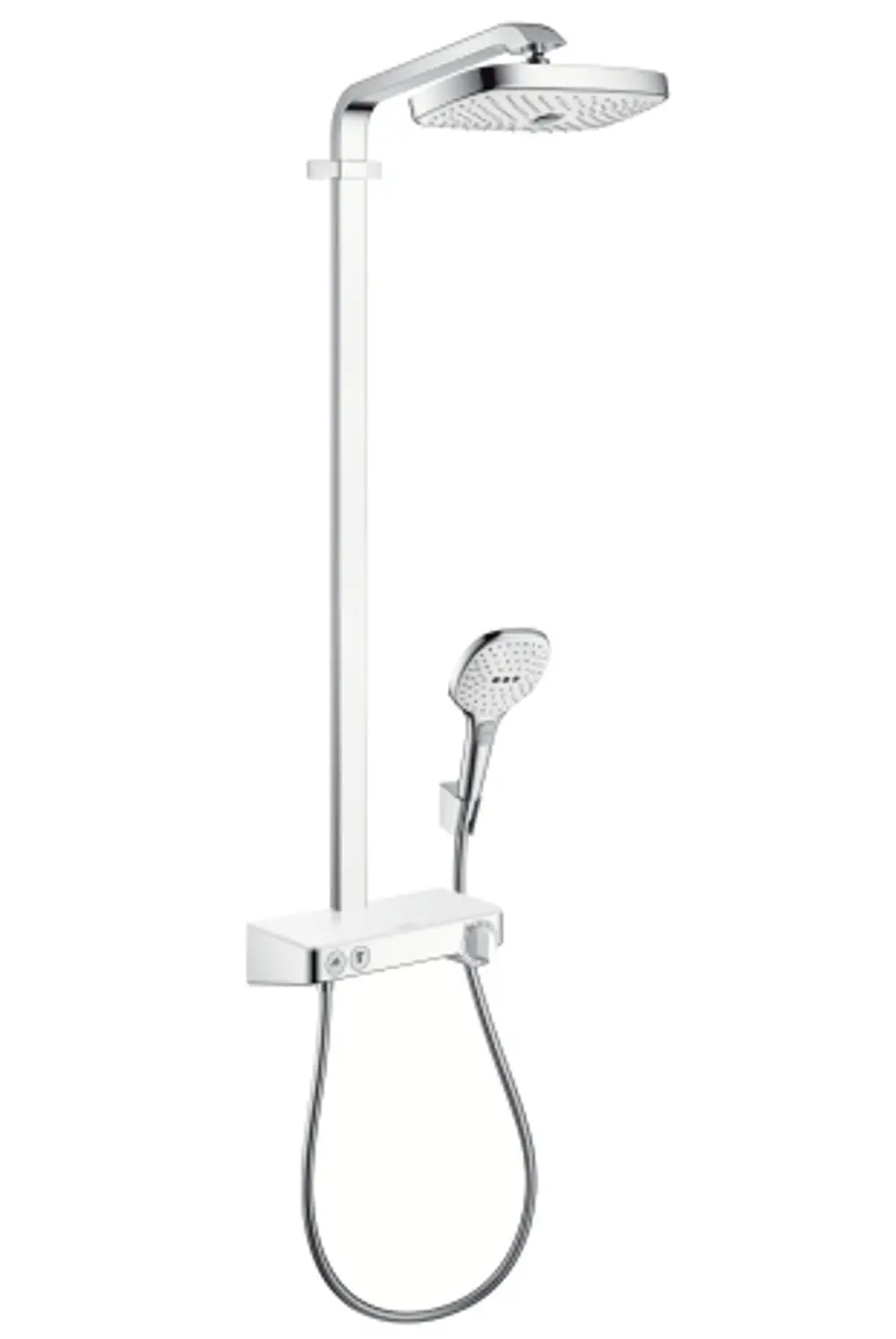 Duschsystem von Hansgrohe mit Kopf- und Handbrause, verchromtem Rohr und weißem Bedienelement, montiert an der Wand.